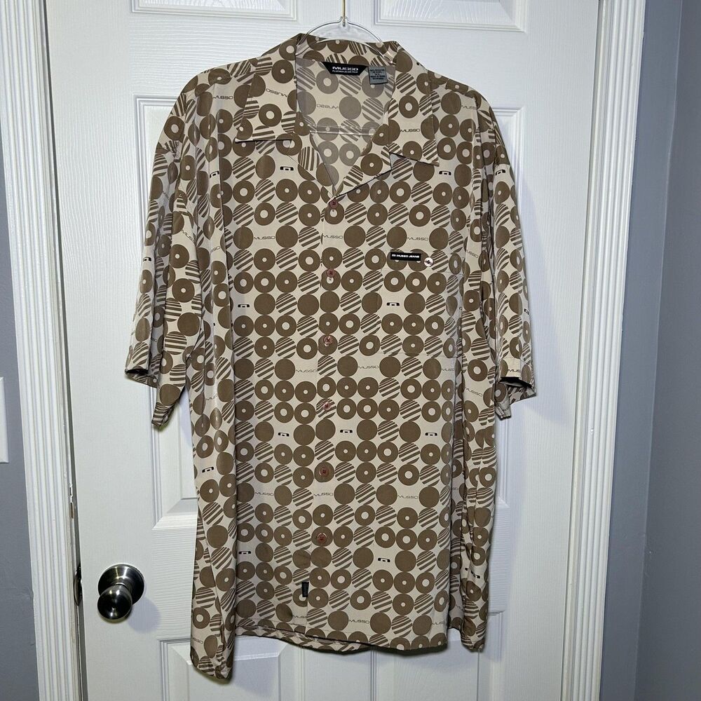 Musso Platinum Jeans Shirt Mens XL Tan Brown Geometric Print Button Front Camp